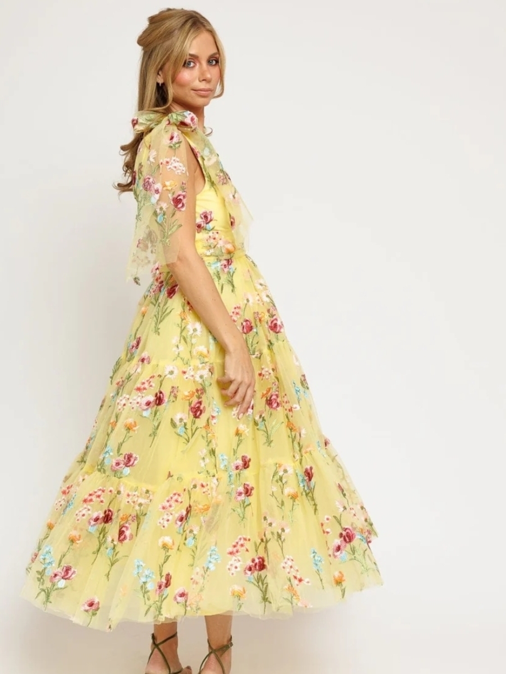 New Jessakae Yellow Floral Midi Dress with Sheer Bow Tie Neck M And L 0047